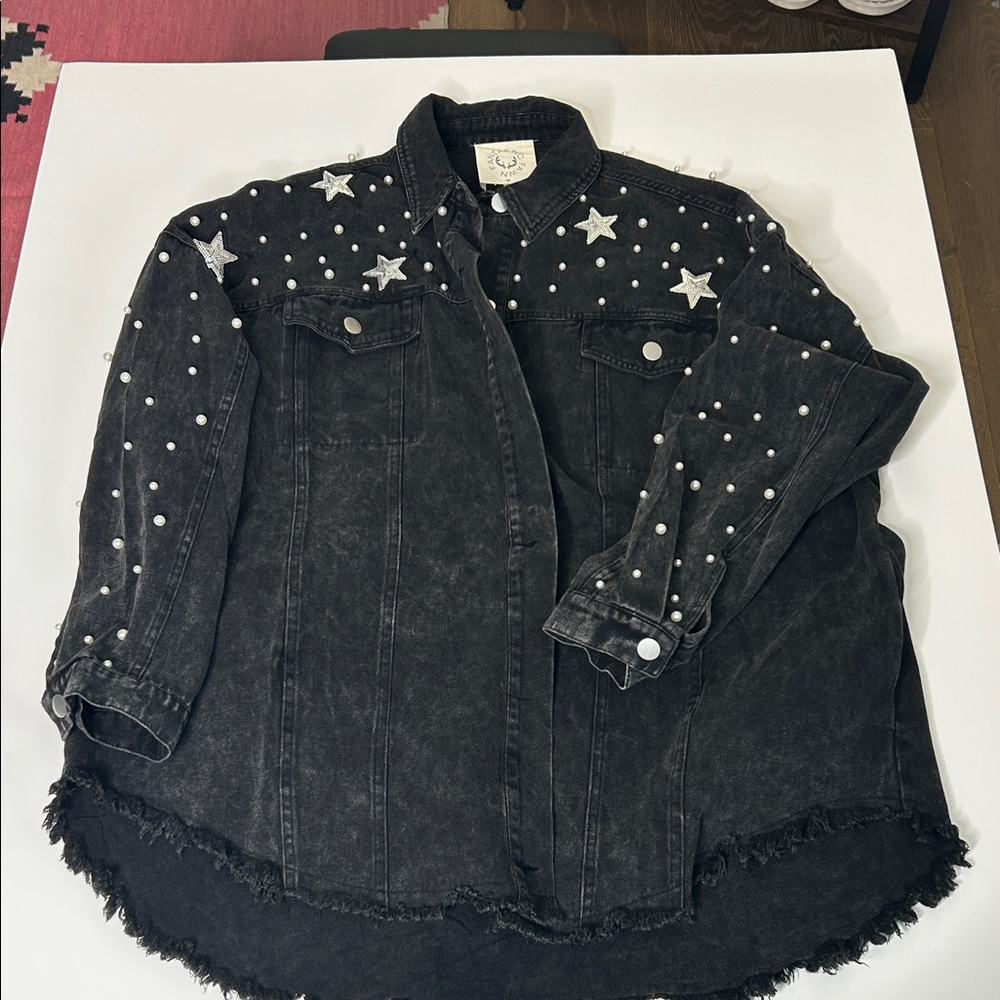 Fantastic Fawn Black Denim Jacket with Star and Pearl Details
